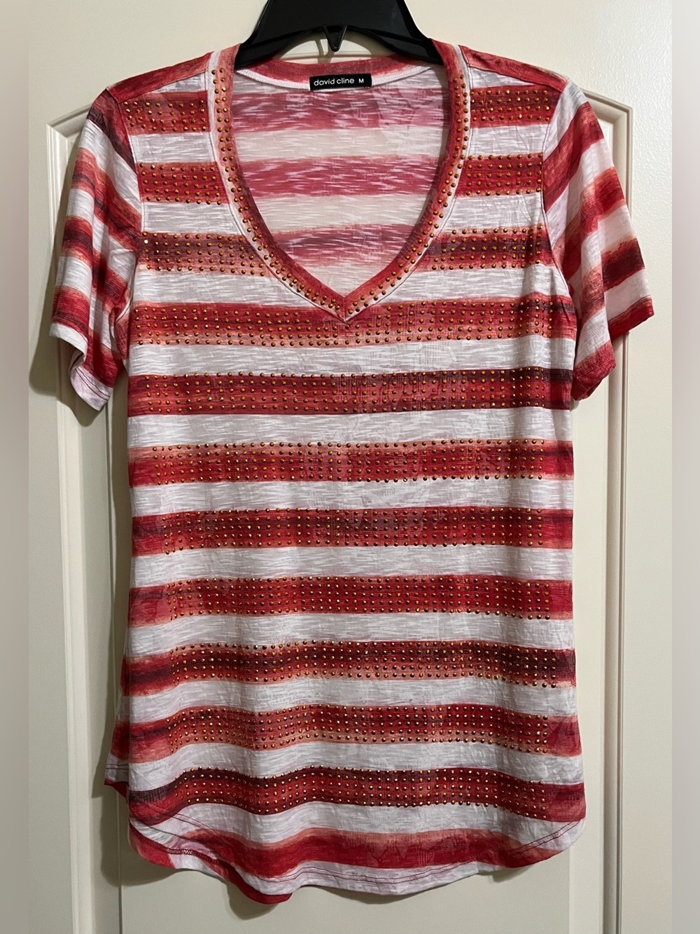 David Cline Women’s Studded Embellished Pink White Striped V-Neck Top M